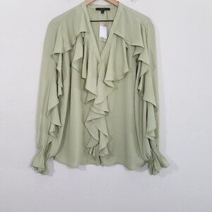 NWT Ellen Weaver Button Up Soft Sage Green Ruffle Long Sleeve Top Blouse Size XL